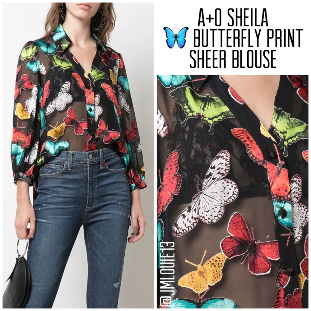 Alice + Olivia Sheila Butterfly Print Sheer Blouse